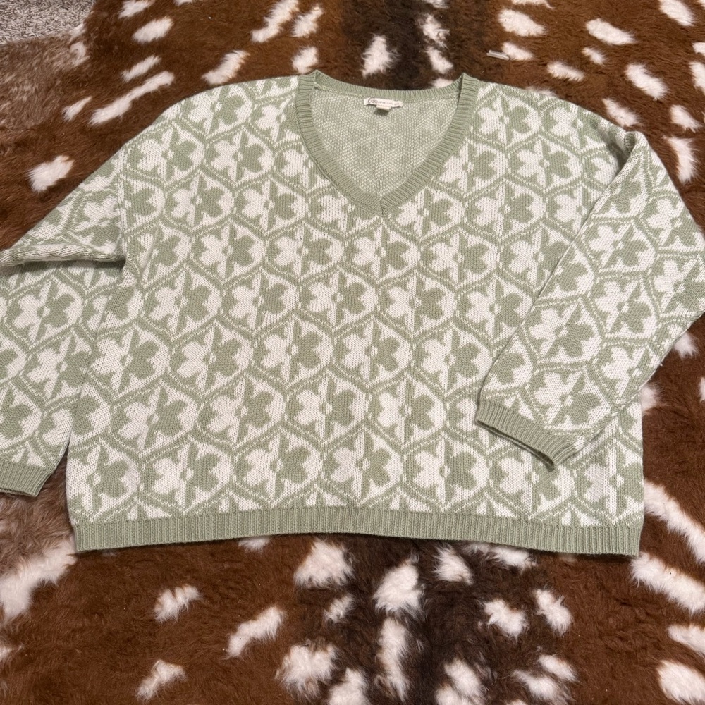 Cato Mint Green and White V-Neck Sweater